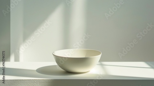 A ceramic bowl rests on a smooth shelf bathed in soft sunlight, highlighting the clean lines and minimalistic aesthetic of the space