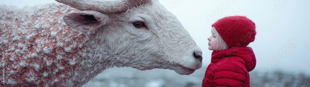 young girl in red winter coat interacting with large white deer