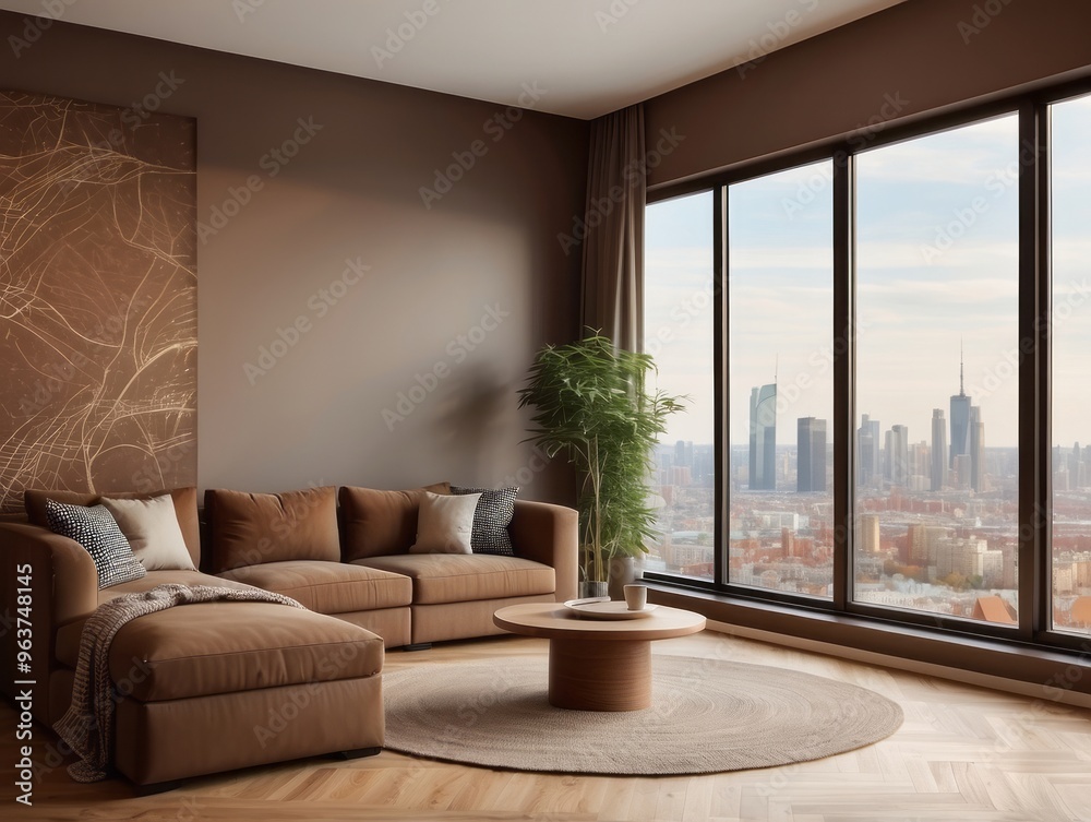 Fototapeta premium Modern Living Room with City View and Brown Sofa