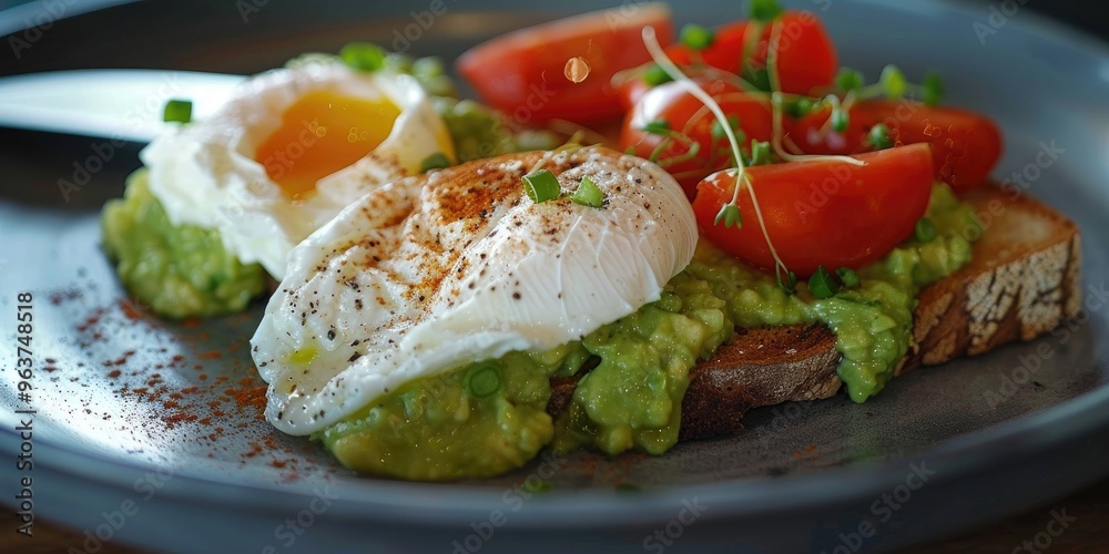 Healthy Breakfast with Whole Grain Toast, Poached Egg, and Mashed Avocado Healthy Breakfast with Whole Grain Toast, Poached Egg, and Mashed Avocado