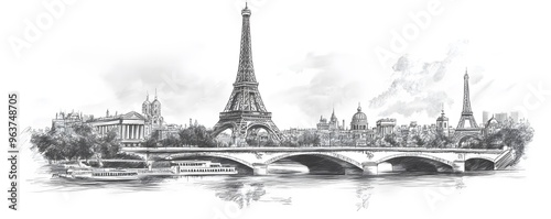 Wallpaper Mural Black and White Sketch of the Eiffel Tower and Bridge in Paris Torontodigital.ca