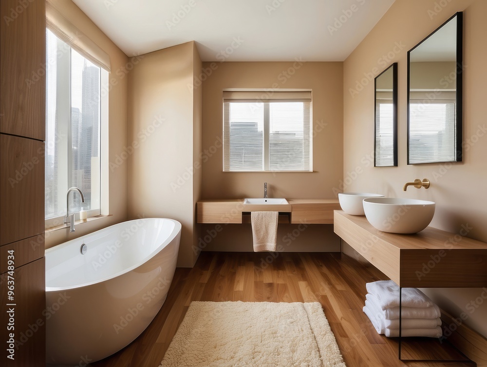 Modern Bathroom with Freestanding Tub, Double Sinks, and City View Modern Bathroom with Freestanding Tub, Double Sinks, and City View