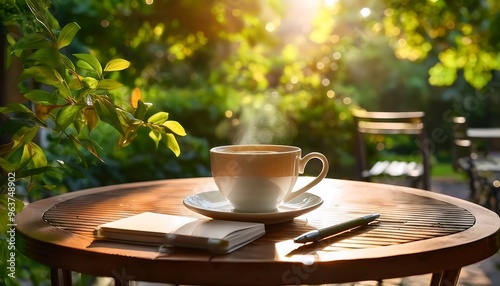 Cozy Cafe Terrace Scene - warm, sunlit cafe terrace in the early morning with a steaming cup of coffee on a small round table. Graphic art illustration. Ai Generated