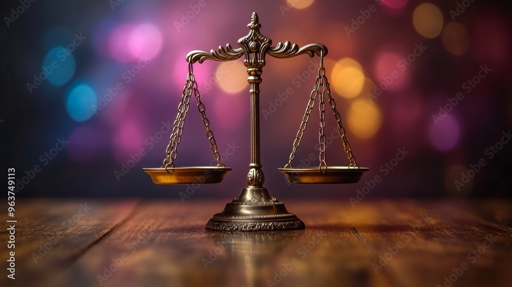 Scales of justice on wooden table against Scales of justice on wooden table against