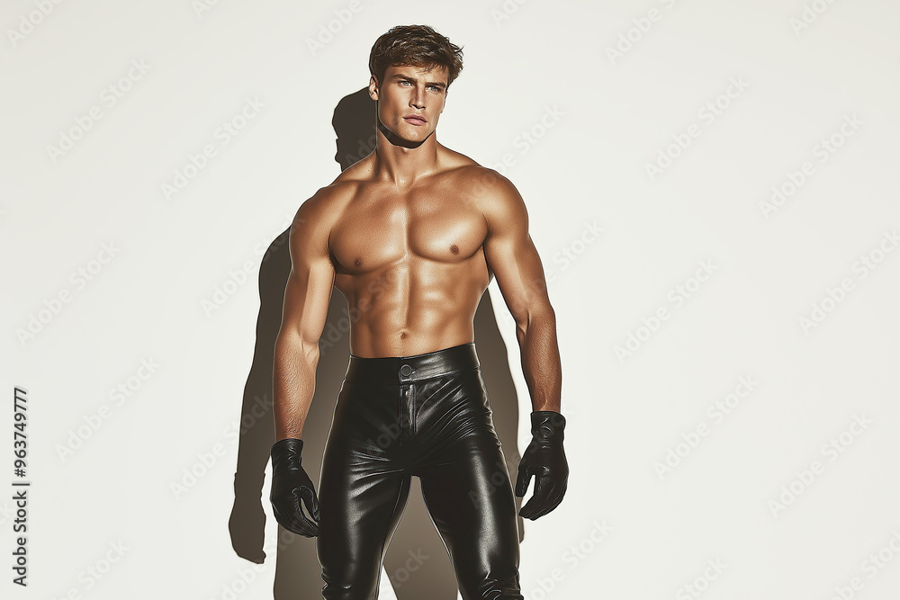 Fototapeta premium Famous Gay, Queer Art concept. Portrait of a biker bodybuilder wearing black leather clothing, posing on white background. Text space. Studio shot