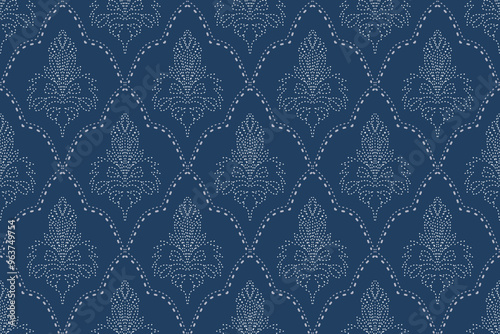 Sashiko is a type of traditional Japanese embroidery or stitching used for the decorative and functional reinforcement of cloth and clothing.Ethnic pattern, Ogee, Geometric style, Seamless textile.