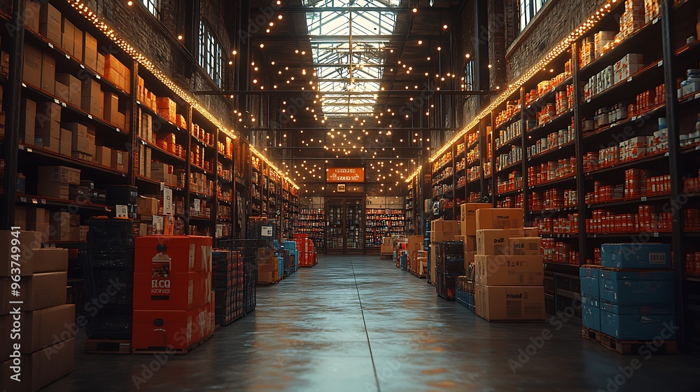 A Black Friday scene with an exaggerated perspective showing shelves stacked high with products and sale tags floating everywhere A Black Friday scene with an exaggerated perspective showing shelves stacked high with products and sale tags floating everywhere