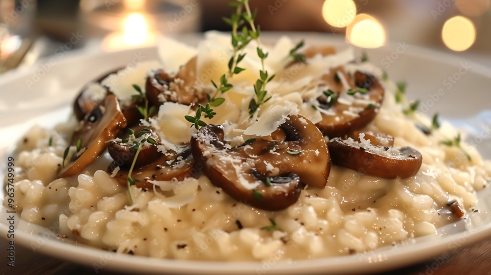 Italian gourmet mushroom risotto with wild mushrooms creamy consistency and Parmesan shavings elegantly plated with fresh thyme for an exquisite culinary dining experience Italian gourmet mushroom risotto with wild mushrooms creamy consistency and Parmesan shavings elegantly plated with fresh thyme for an exquisite culinary dining experience