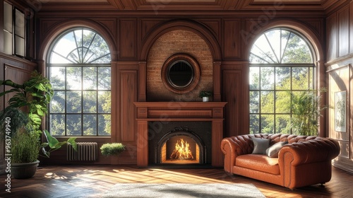 Sofa against fireplace in room with arch window and ceiling