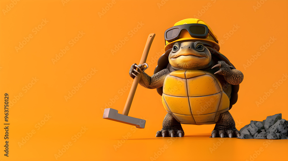 A playful turtle with a yellow construction helmet holding a plastic toy in its mouth. A playful turtle with a yellow construction helmet holding a plastic toy in its mouth.