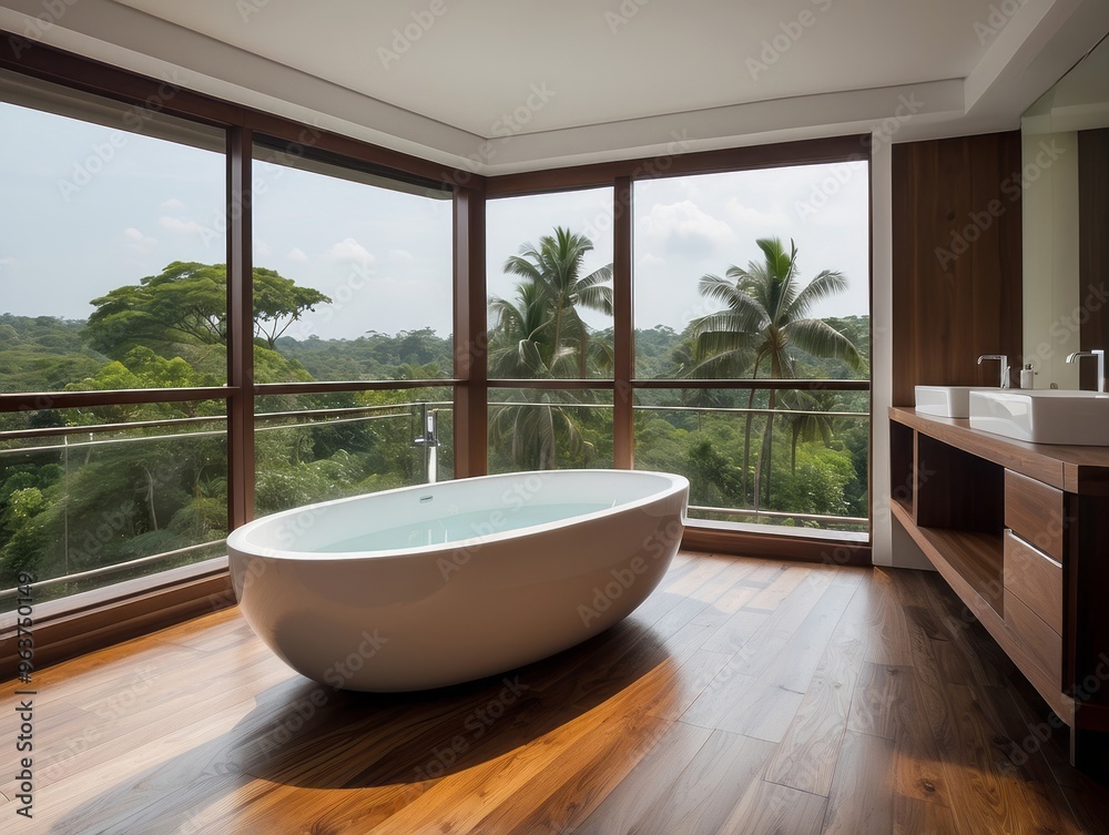 Modern Bathroom with a Freestanding Tub and a View of Lush Green Foliage Modern Bathroom with a Freestanding Tub and a View of Lush Green Foliage