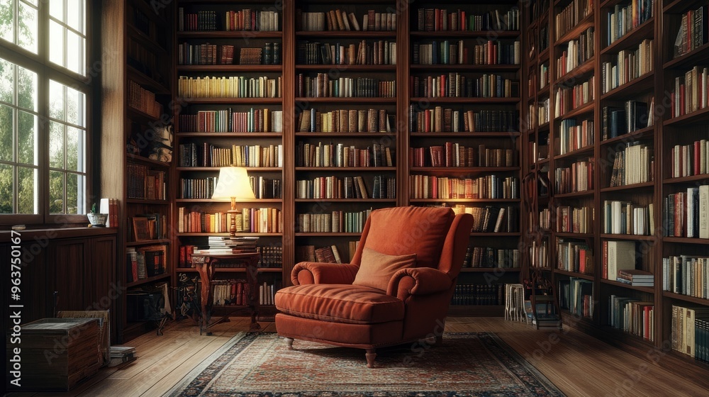 Stylish home library featuring built-in bookshelves and a comfortable reading chair, Stylish home library featuring built-in bookshelves and a comfortable reading chair,