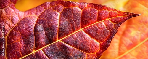 Close-up of a Red and Orange Autumn Leaf with Visible Veins photo