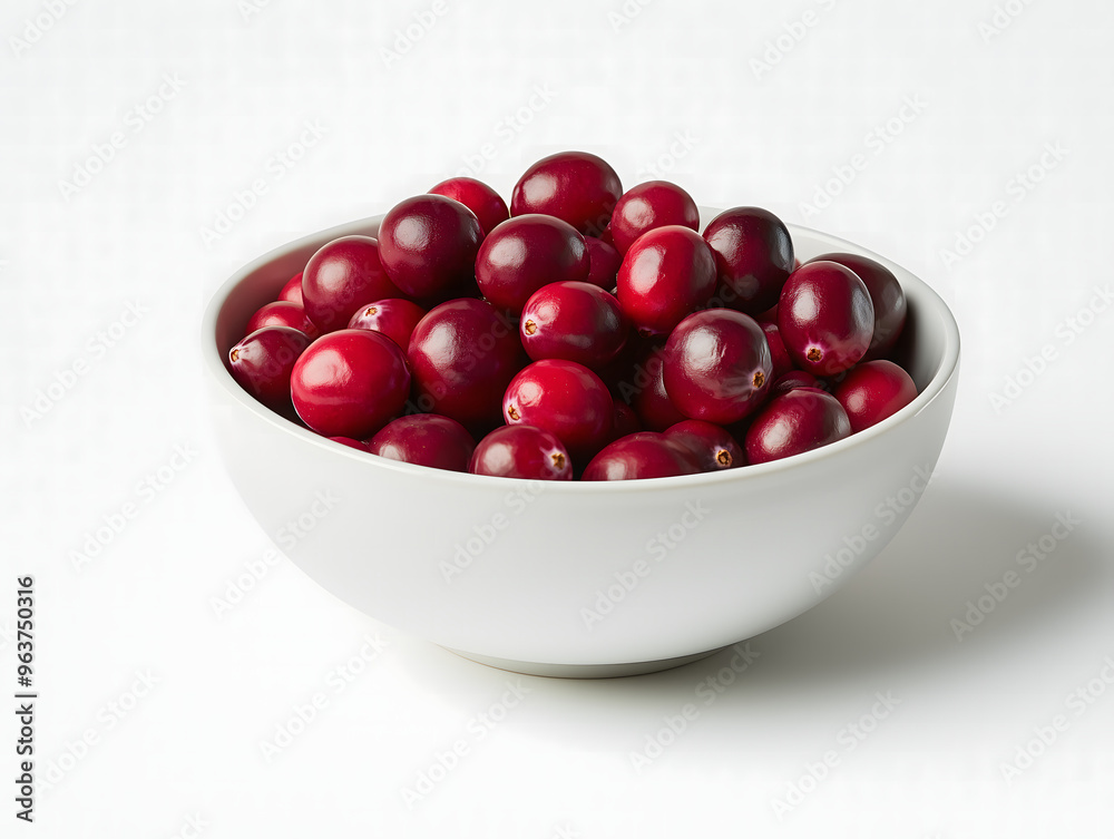 A bowl of fresh cranberries on a spotless white background. A bowl of fresh cranberries on a spotless white background.