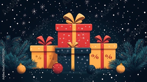 A Black Friday vector featuring stacked gift boxes, each box having a different discount percentage  photo