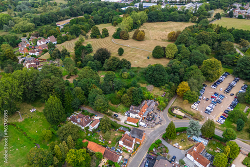 Aerial drone shot of Harlow Town Park in England