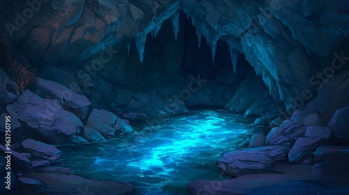 Enchanting blue waters shimmer in a dark cave, illuminated by glowing light reflections.