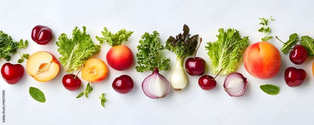 A Row of Fresh Fruits and Vegetables on a White Background A Row of Fresh Fruits and Vegetables on a White Background