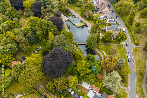 Aerial drone shot of Harlow Town Park in England
