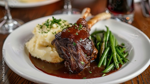 Exquisite presentation of a perfectly cooked lamb shank braised with a rich red wine sauce served alongside buttery mashed potatoes and crisp sautéed green beans on a white plate