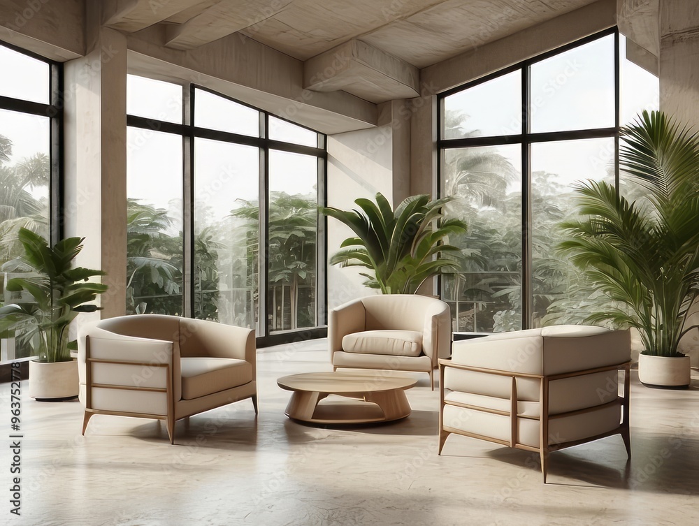 Modern Living Room with Large Windows and Tropical Views
