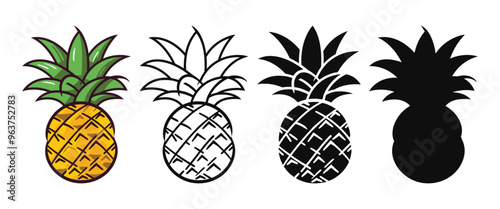 Pineapple vector illustration, outline, silhouette on white background