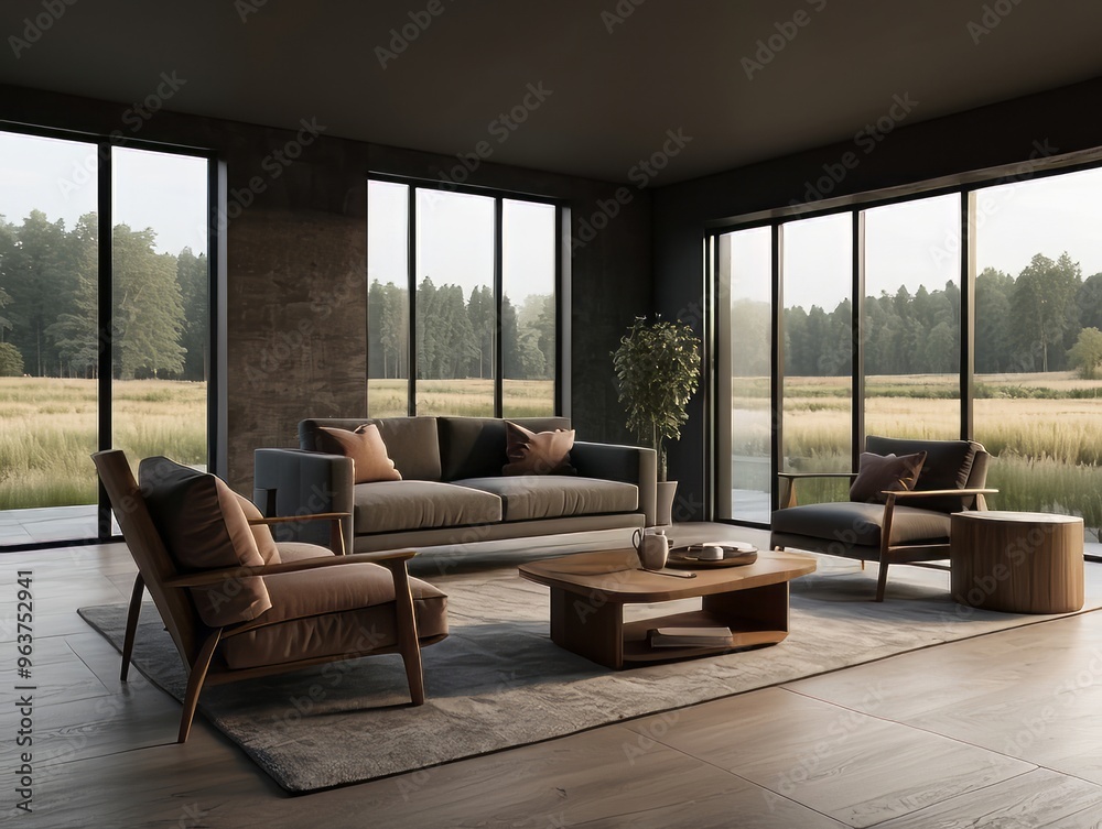 Modern Living Room with Rustic Furniture and Expansive Window Views