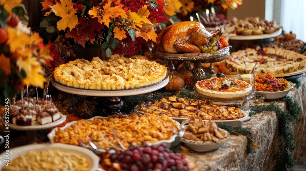 A festive Thanksgiving table filled with a variety of delicious desserts, surrounded by fall decorations and seasonal colors A festive Thanksgiving table filled with a variety of delicious desserts, surrounded by fall decorations and seasonal colors