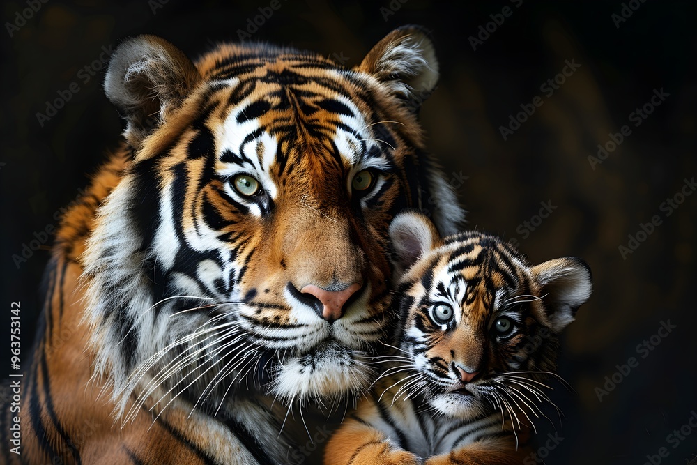Fototapeta premium A couple of tigers standing next to each other