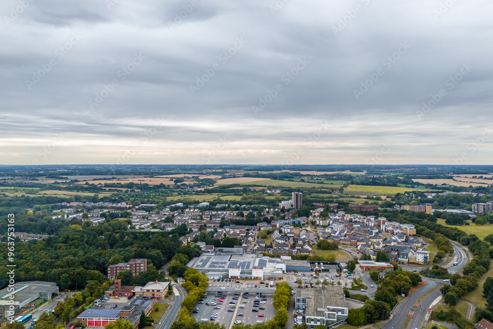 Fototapeta premium Aerial drone cityscape of Harlow Town, England