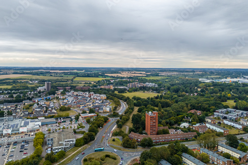 Aerial drone cityscape of Harlow Town, England