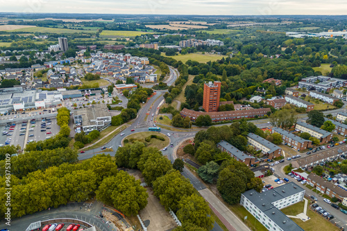 Aerial drone cityscape of Harlow Town, England