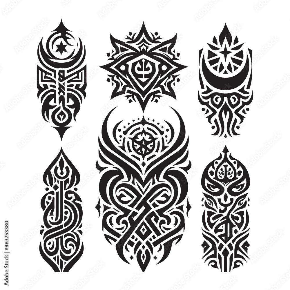 Islamic Tattoos tribal designs bundle collection in a white background
Islamic Tattoos tribal designs bundle collection in a white background