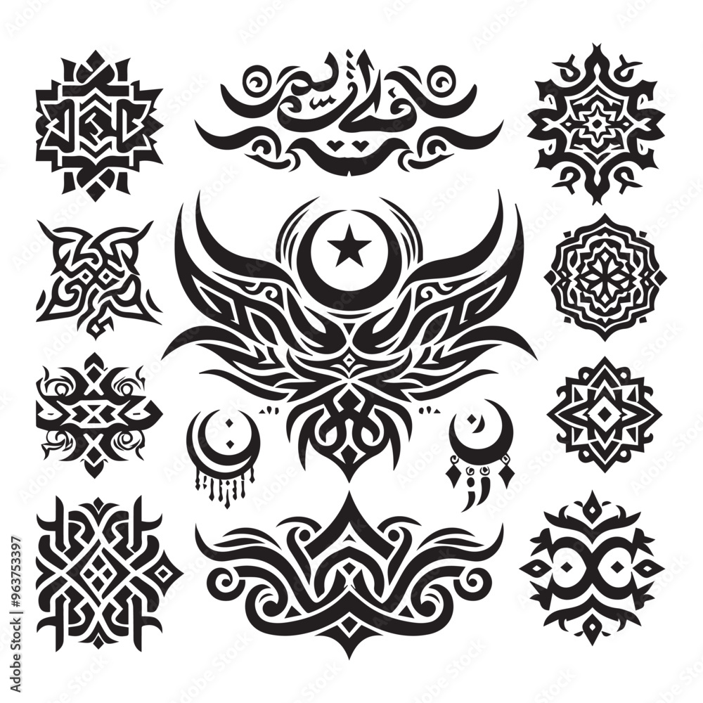 Fototapeta premium Islamic Tattoos tribal designs bundle collection in a white background 