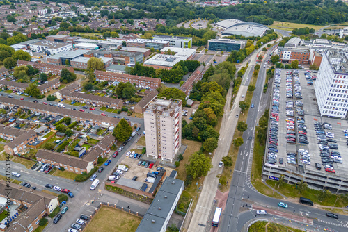 Aerial drone cityscape of Harlow Town, England