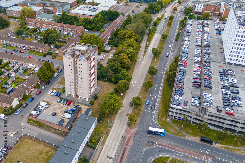 Naklejka premium Aerial drone cityscape of Harlow Town, England