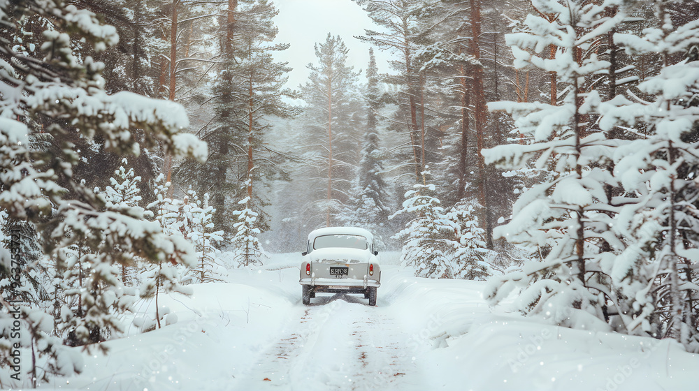 Classic car cruising through serene snow-covered trees in a picturesque winter wonderland under gray skies. Classic car cruising through serene snow-covered trees in a picturesque winter wonderland under gray skies.