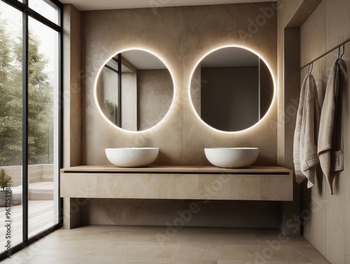 Modern Bathroom with Double Vanity and Illuminated Round Mirrors photo