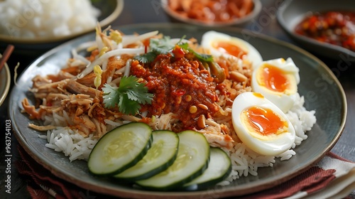 Nasi liwet with coconut rice shredded chicken boiled eggs sambal and fried shallots traditional Indonesian cuisine