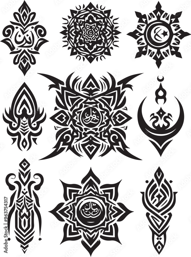 Islamic Tattoos tribal designs bundle collection in a white background
Islamic Tattoos tribal designs bundle collection in a white background