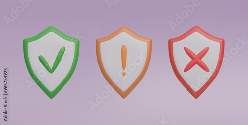 3D security shields with a green check mark symbol, a yellow exclamation mark and a red cross. Symbols of approval, attention and denial.