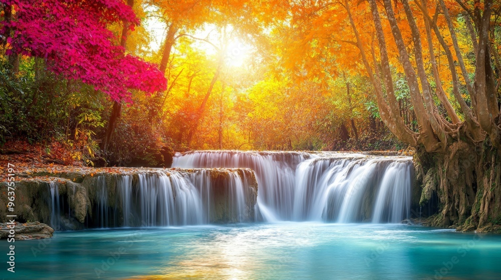 Obraz premium Serene Waterfall in Autumnal Forest.