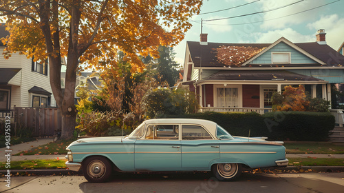 Classic car from the 1950s parked in front of a cozy house on a quiet street.