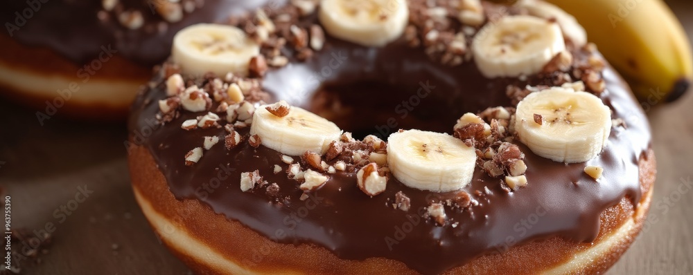 Chocolate glazed donut with banana slices and Chocolate glazed donut with banana slices and