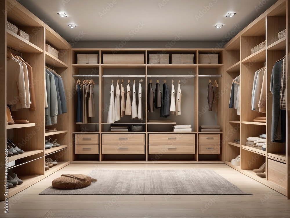 Modern Walk-in Closet with Wooden Shelving and Clothes Hanging Modern Walk-in Closet with Wooden Shelving and Clothes Hanging