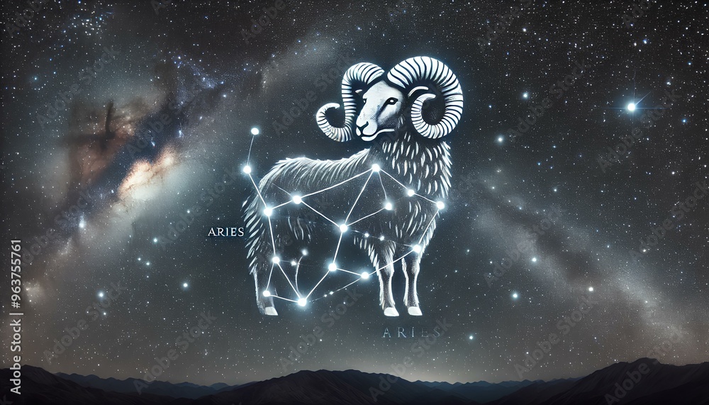 A wide image of the Aries constellation, stars forming a ram shape in a deep, starry night sky. A wide image of the Aries constellation, stars forming a ram shape in a deep, starry night sky.