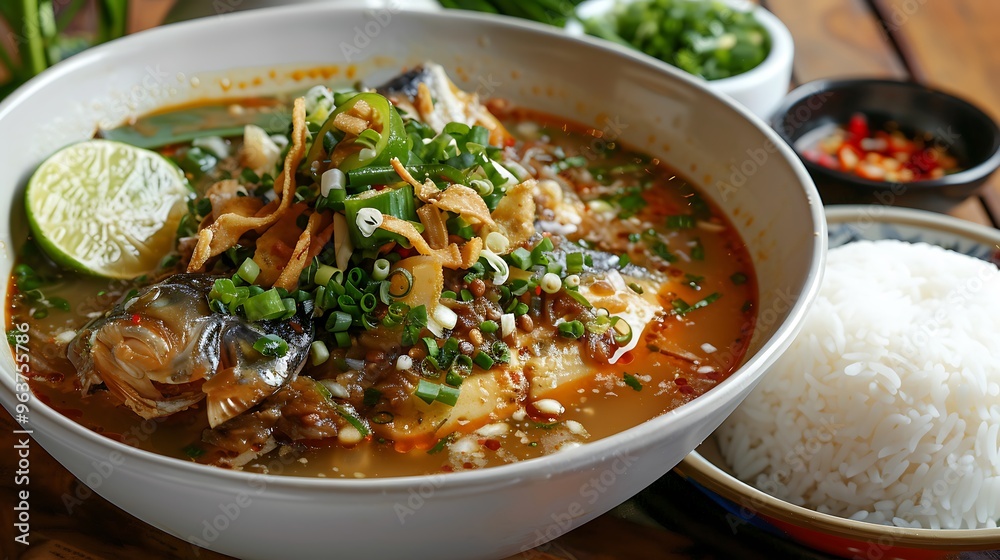 A delicious bowl of pindang patin featuring spicy and sour catfish soup garnished with green onions, fried shallots, and a squeeze of lime served alongside steamed rice for a flavorful meal A delicious bowl of pindang patin featuring spicy and sour catfish soup garnished with green onions, fried shallots, and a squeeze of lime served alongside steamed rice for a flavorful meal