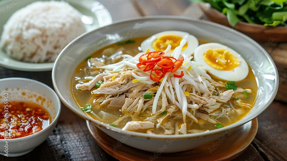 A comforting bowl of Soto Kudus featuring a clear chicken soup base, fresh shredded chicken, boiled eggs, and vermicelli noodles paired with steamed rice and sambal for a traditional meal A comforting bowl of Soto Kudus featuring a clear chicken soup base, fresh shredded chicken, boiled eggs, and vermicelli noodles paired with steamed rice and sambal for a traditional meal