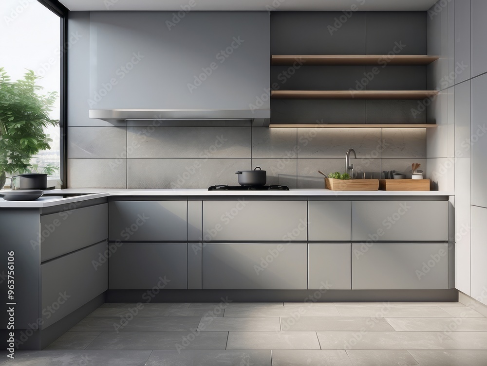 Fototapeta premium Modern Kitchen with Gray Cabinets, Wooden Shelves, and Stainless Steel Range Hood