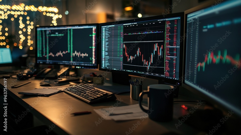 A trader's workspace with multiple screens displaying stock market data during evening hours in a modern office setting A trader's workspace with multiple screens displaying stock market data during evening hours in a modern office setting